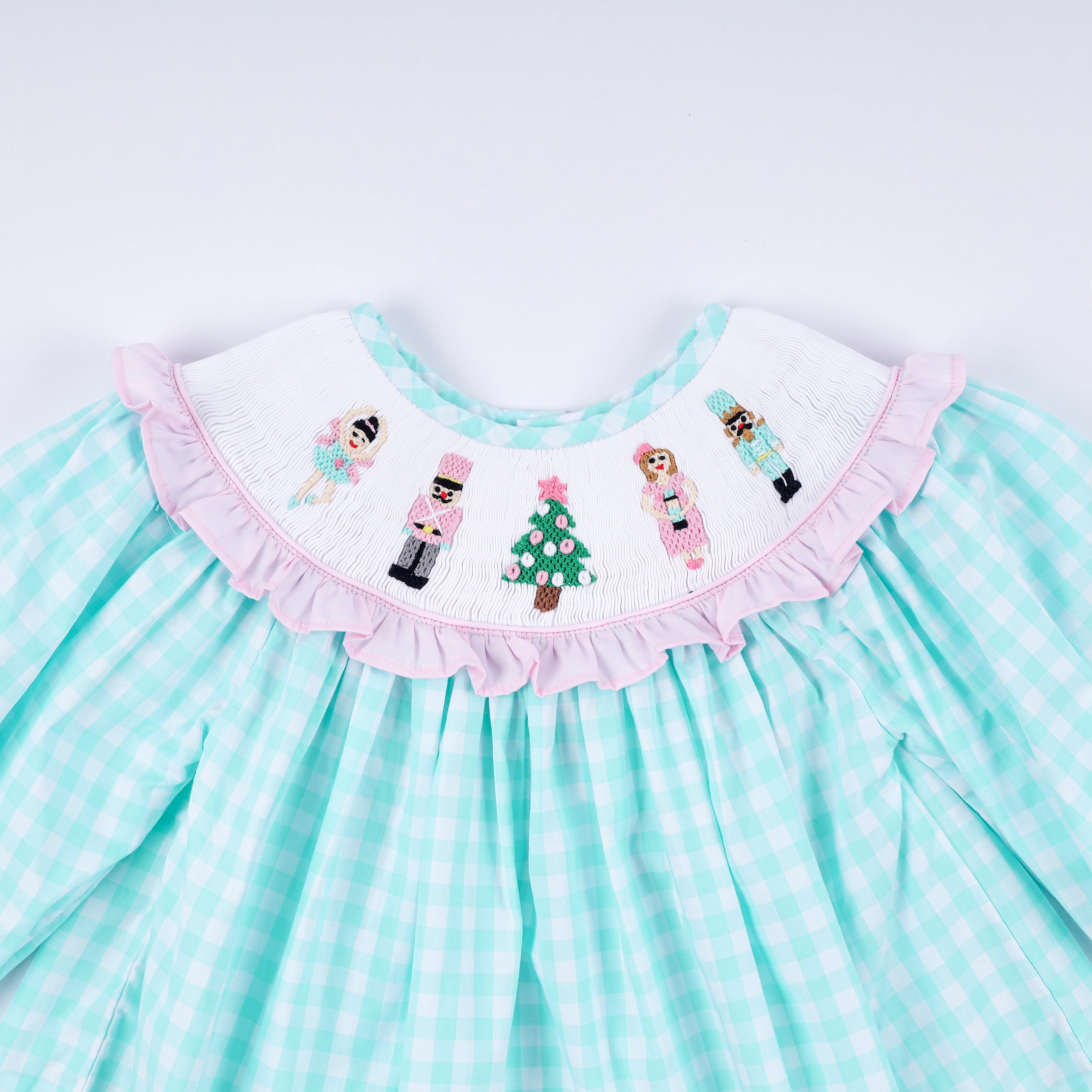 Girls Mint Nutcracker Hand Smocked Gingham Ruffle Pants Set – Christmas 2T–6Y