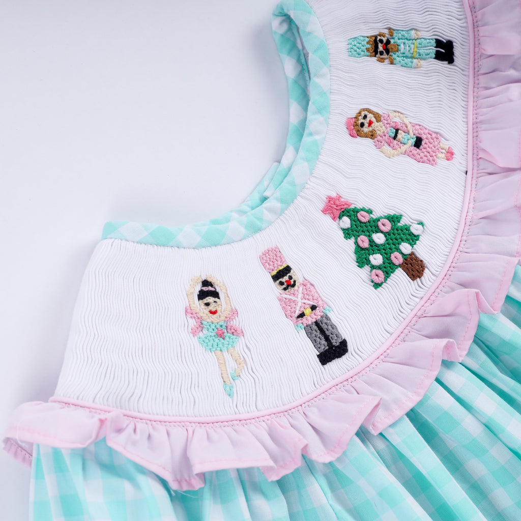 Girls Mint Nutcracker Hand Smocked Gingham Ruffle Pants Set – Christmas 2T–6Y