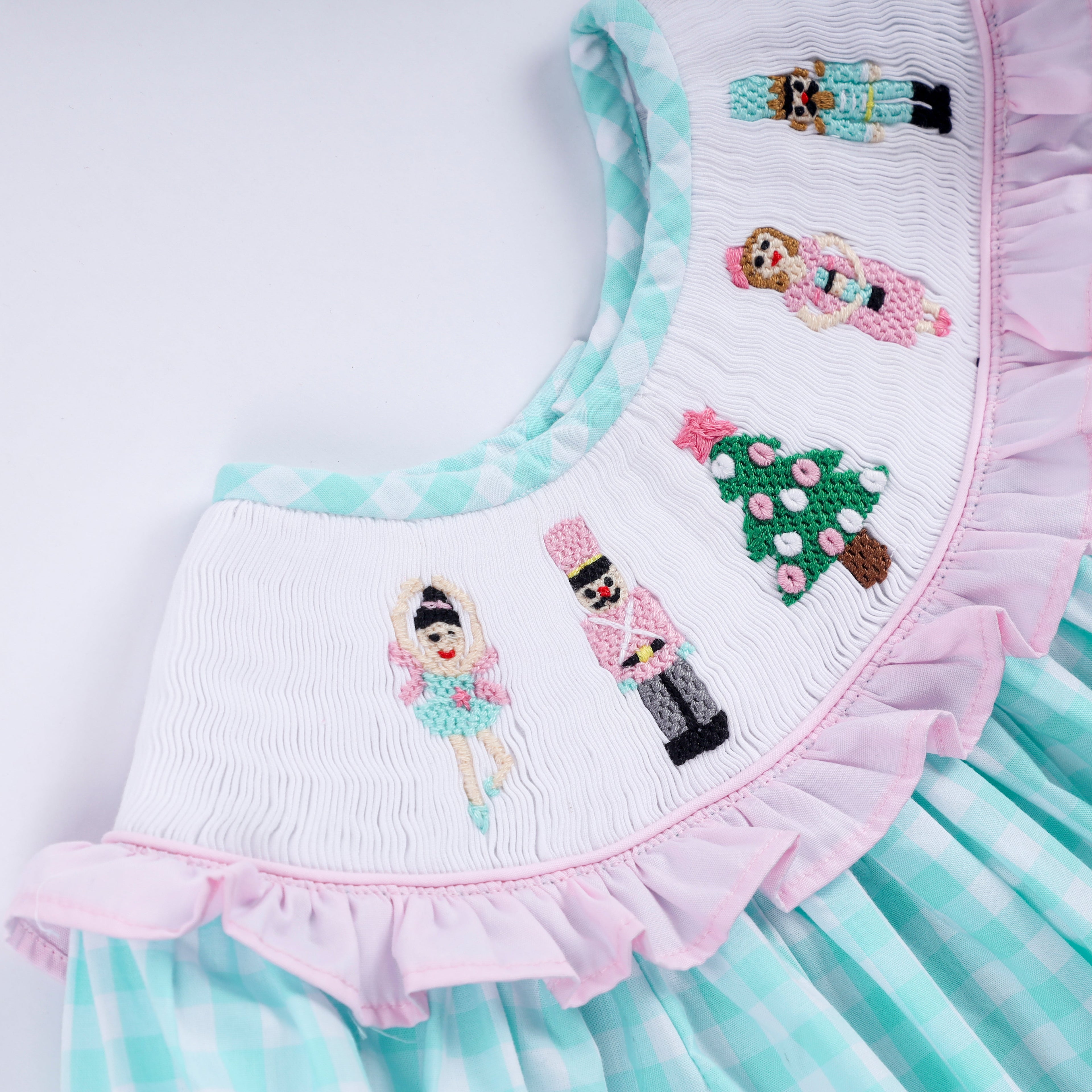 Girls Mint Nutcracker Hand Smocked Gingham Ruffle Pants Set – Christmas 2T–6Y