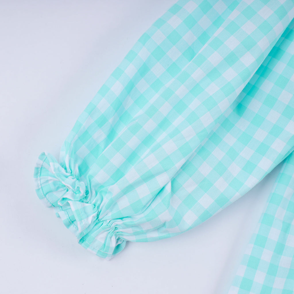 Girls Mint Nutcracker Hand Smocked Gingham Ruffle Pants Set – Christmas 2T–6Y