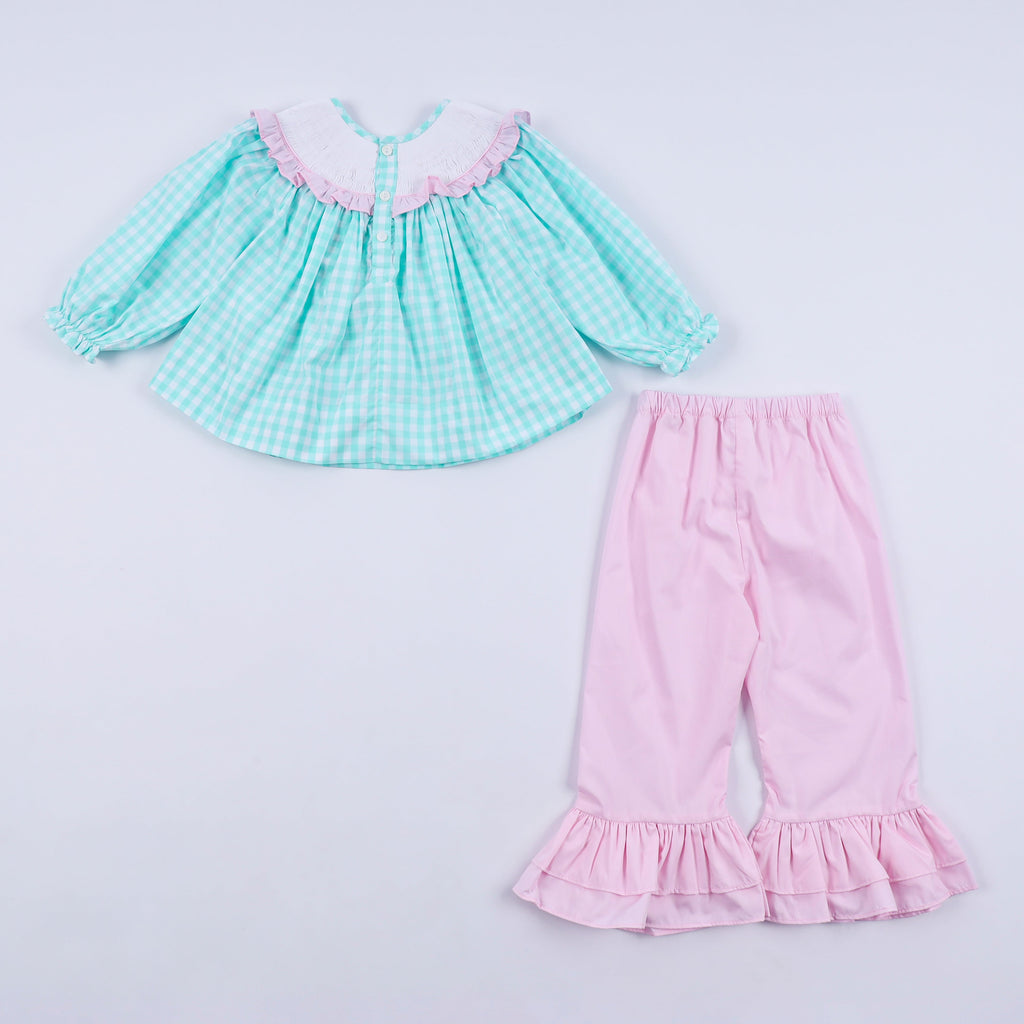 Girls Mint Nutcracker Hand Smocked Gingham Ruffle Pants Set – Christmas 2T–6Y