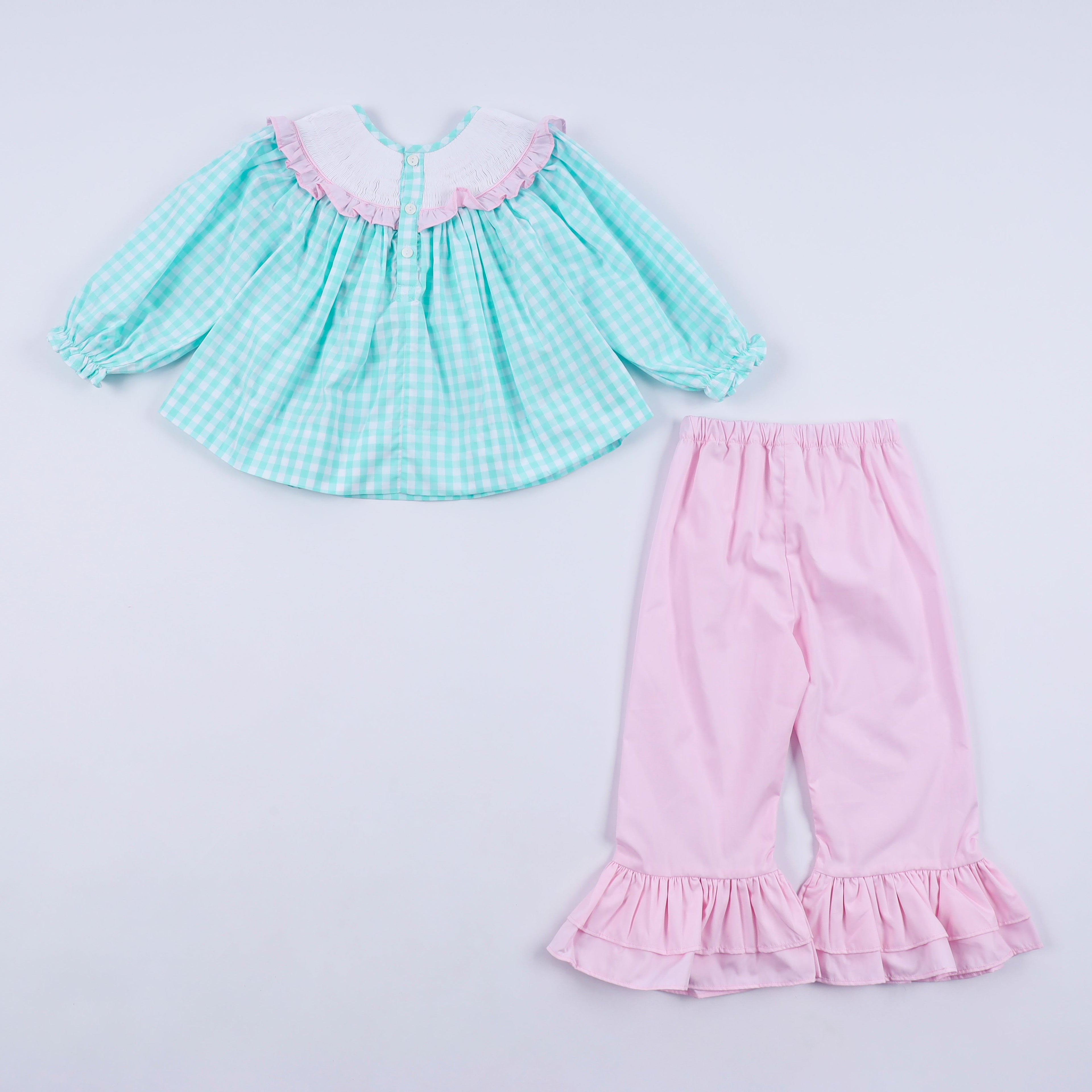 Girls Mint Nutcracker Hand Smocked Gingham Ruffle Pants Set – Christmas 2T–6Y