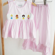 Pink princess hand smocked plaid ruffle pants set