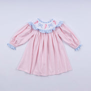 Pink candy cane bow hand smocked ruffle dress