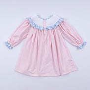 Pink candy cane bow hand smocked ruffle dress