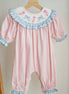 Pink candy cane bow hand smocked ruffle romper