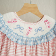 Pink candy cane bow hand smocked ruffle romper