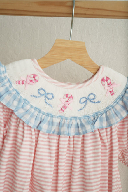 Pink candy cane bow hand smocked ruffle romper