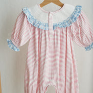 Pink candy cane bow hand smocked ruffle romper