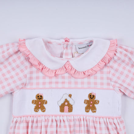 Pink gingerbread hand smocked gingham ruffle bubble