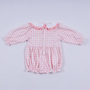 Pink gingerbread hand smocked gingham ruffle bubble