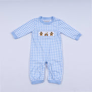 Blue gingerbread hand smocked gingham romper