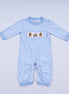 Blue gingerbread hand smocked gingham romper
