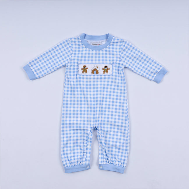 Blue gingerbread hand smocked gingham romper