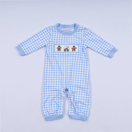 Blue gingerbread hand smocked gingham romper