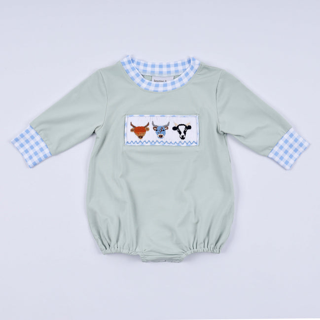 Sage cow hand smocked bubble