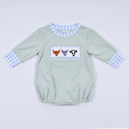 Sage cow hand smocked bubble