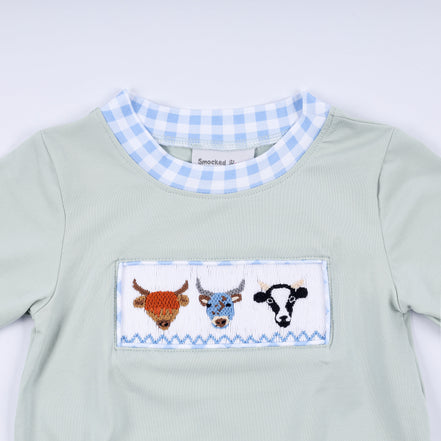 Sage cow hand smocked bubble