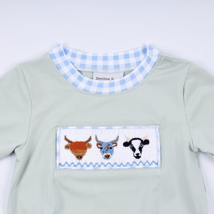 Sage cow hand smocked bubble