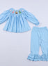 Blue nativity hand smocked ruffle pants set