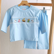 Blue nativity hand smocked pants set