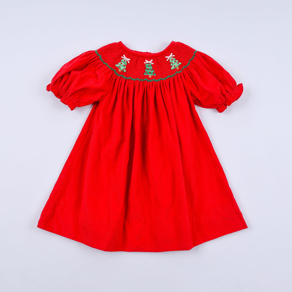 Girls Red Christmas Tree Hand Smocked Dress – 12M–6Y