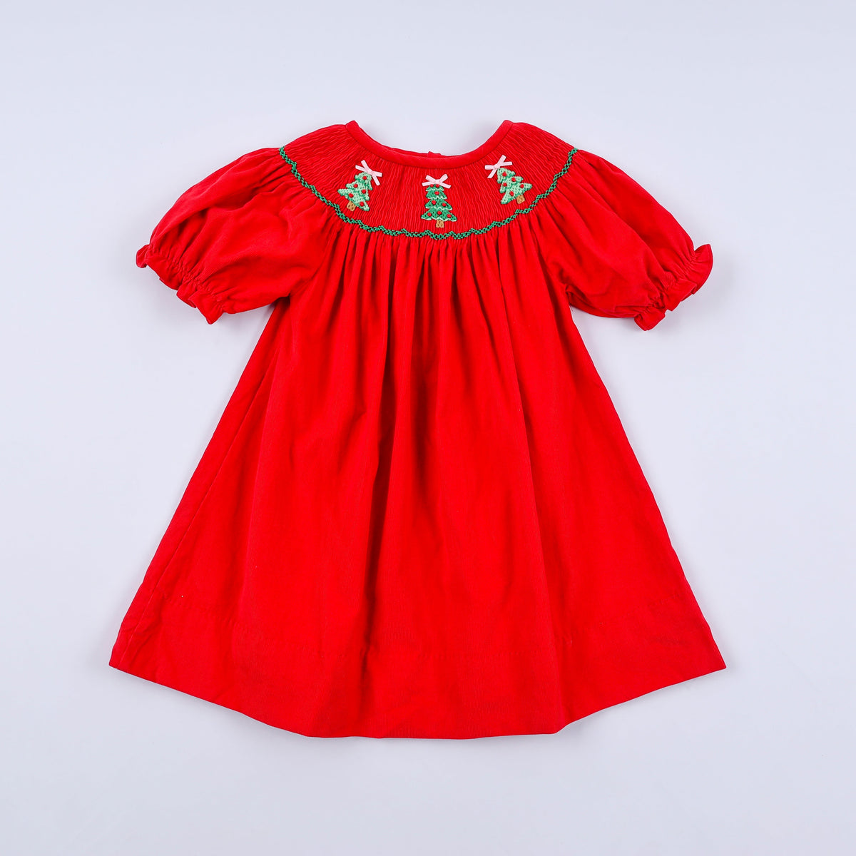Girls Red Christmas Tree Hand Smocked Dress – 12M–6Y