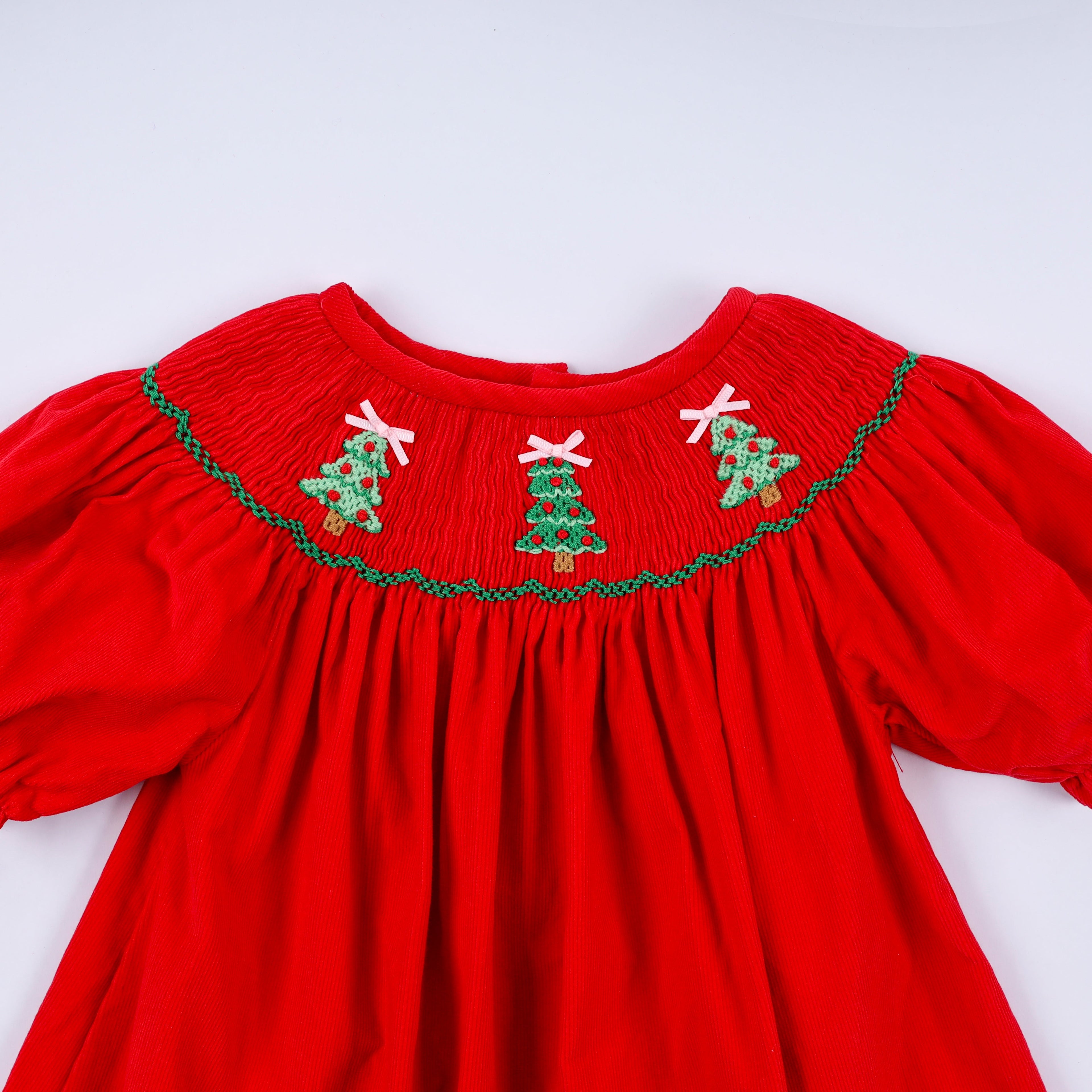 Girls Red Christmas Tree Hand Smocked Dress – 12M–6Y
