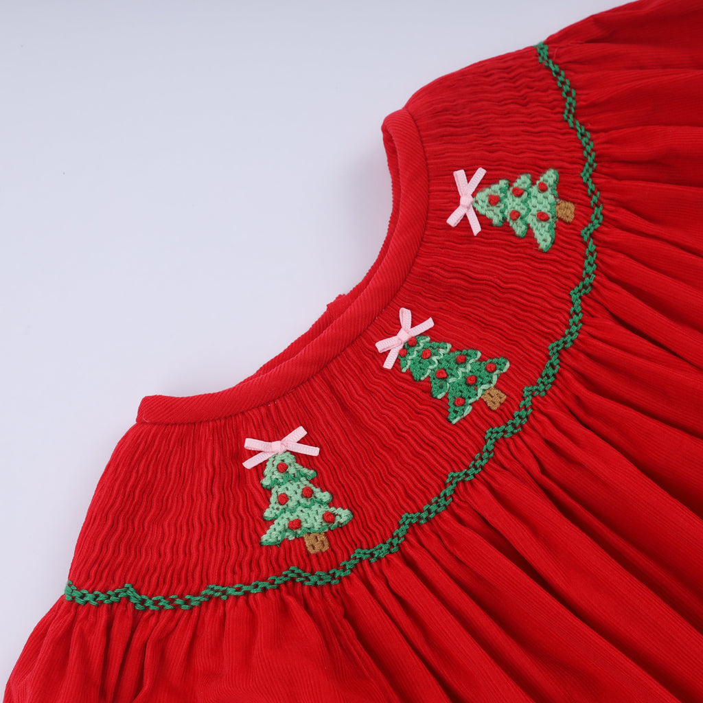 Girls Red Christmas Tree Hand Smocked Dress – 12M–6Y