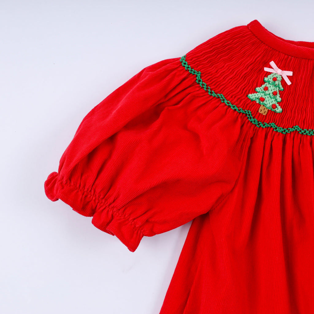 Girls Red Christmas Tree Hand Smocked Dress – 12M–6Y