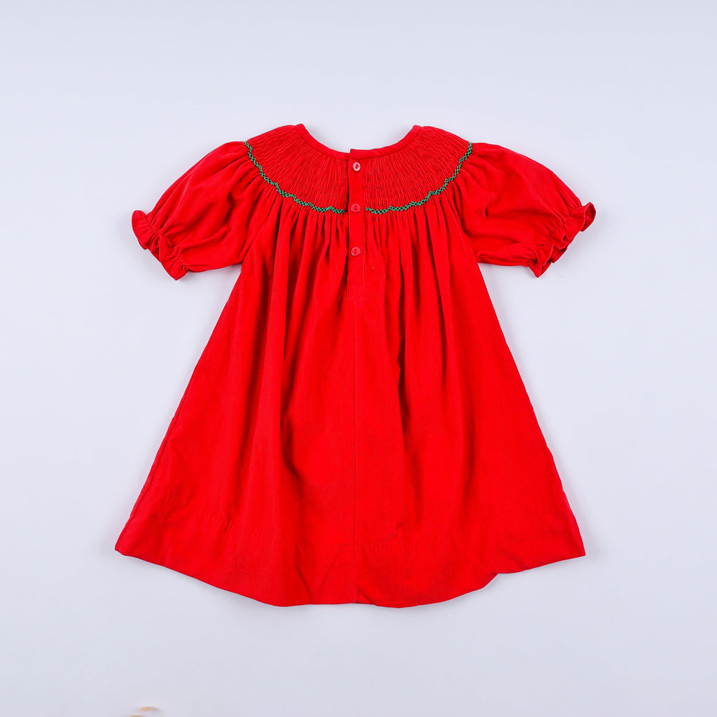 Girls Red Christmas Tree Hand Smocked Dress – 12M–6Y