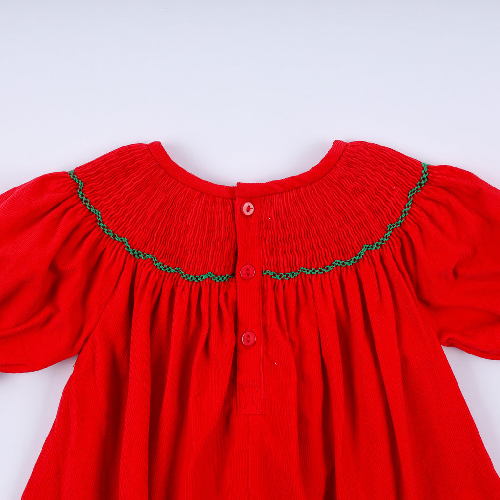 Girls Red Christmas Tree Hand Smocked Dress – 12M–6Y