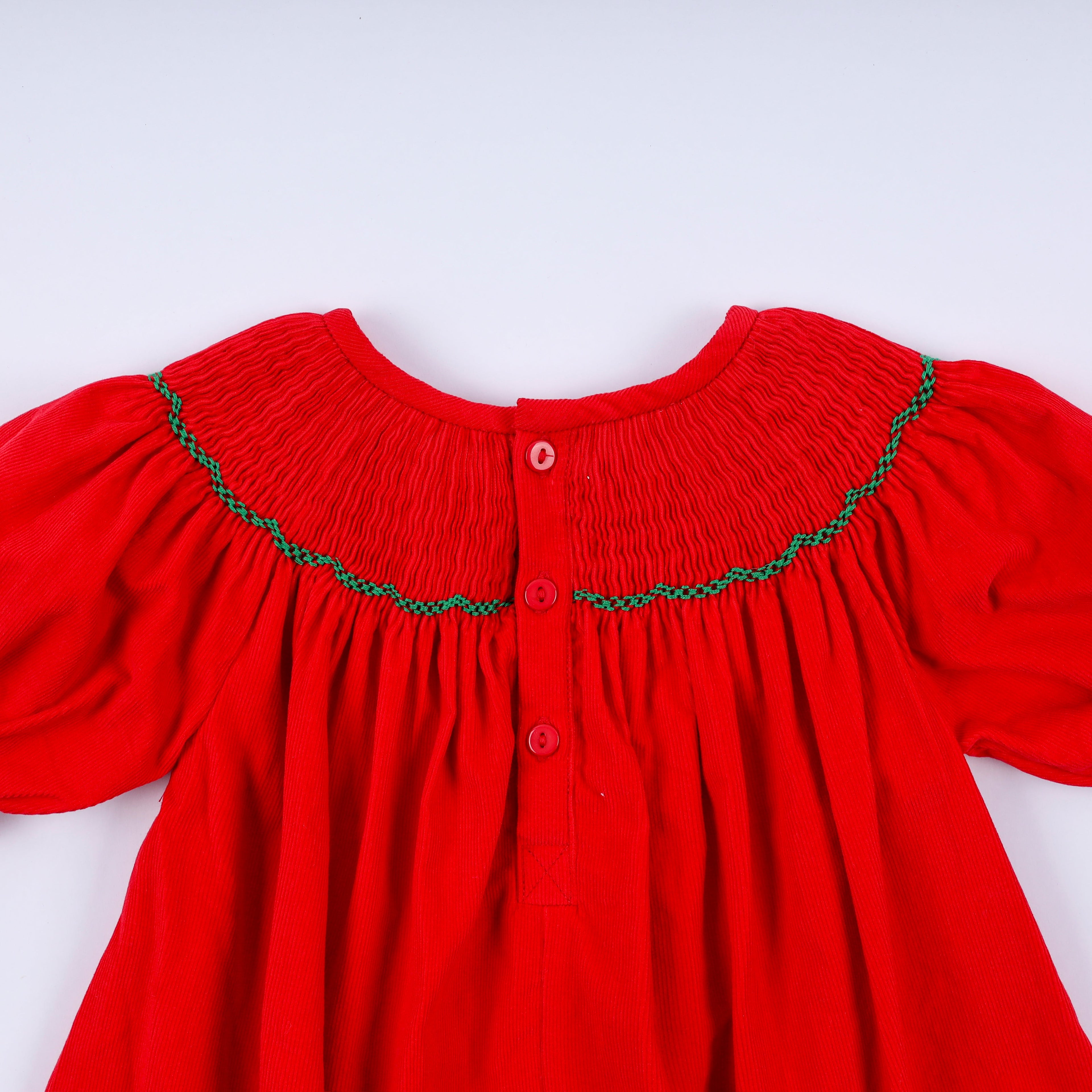 Girls Red Christmas Tree Hand Smocked Dress – 12M–6Y