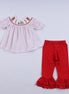 Red gingerbread hand smocked ruffle pants set