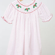 Pink christmas bishop hand smocked dot dress