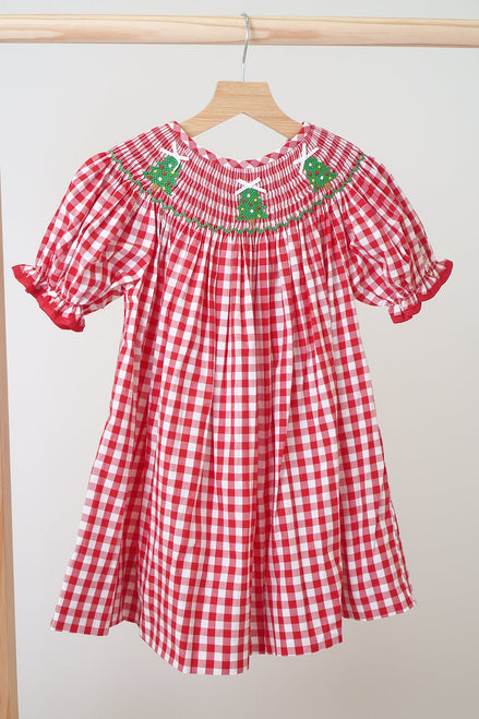 Girls Red Christmas Tree Hand Smocked Gingham Bishop Dress – Holiday Dress 12M–7Y