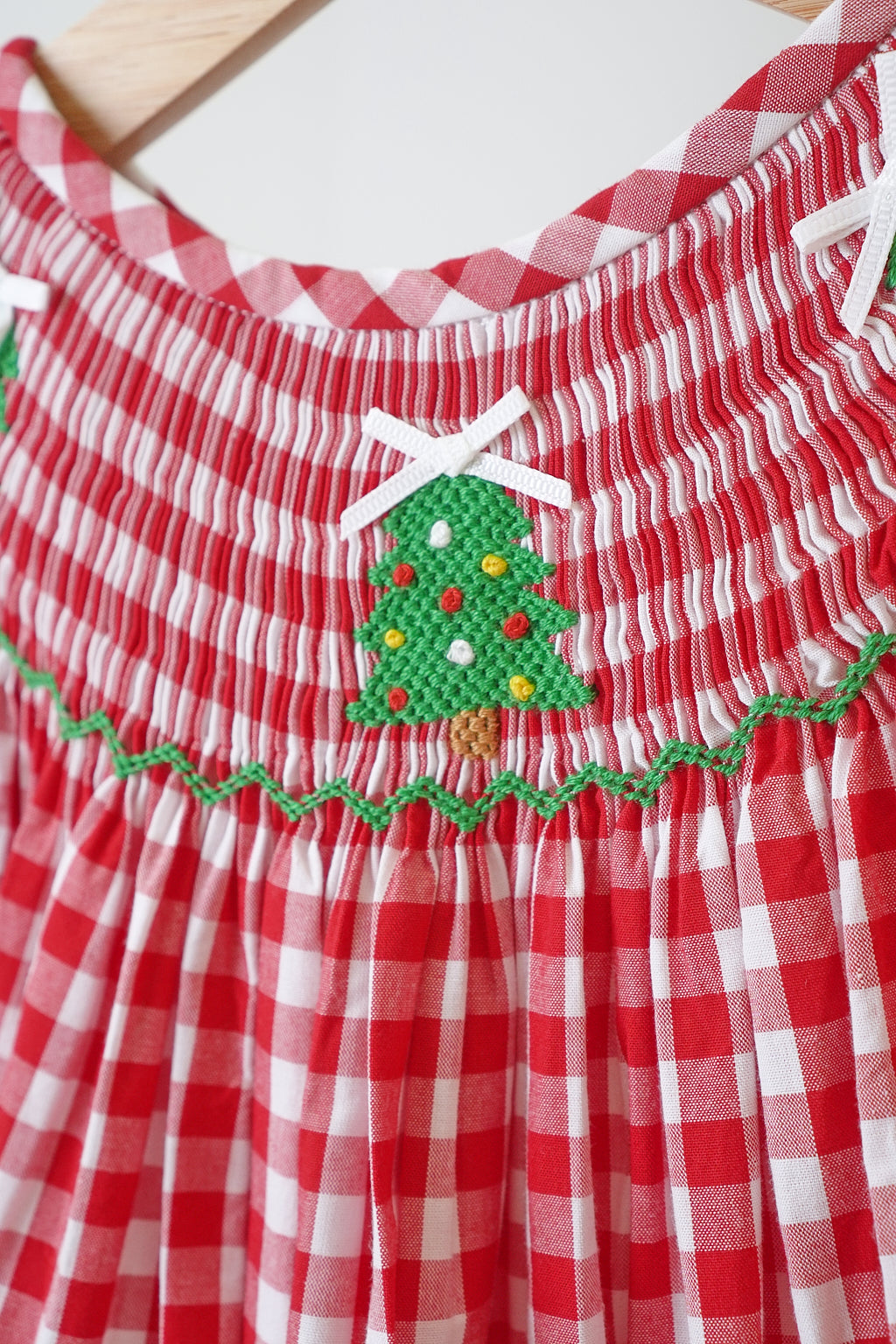 Girls Red Christmas Tree Hand Smocked Gingham Bishop Dress – Holiday Dress 12M–7Y