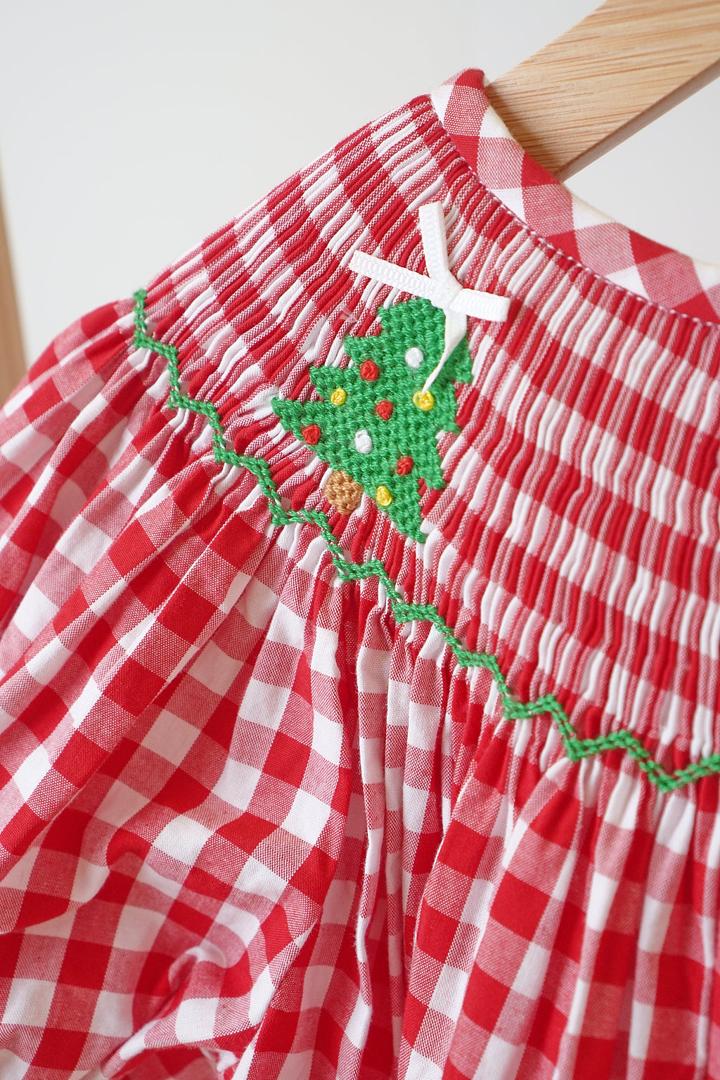 Girls Red Christmas Tree Hand Smocked Gingham Bishop Dress – Holiday Dress 12M–7Y