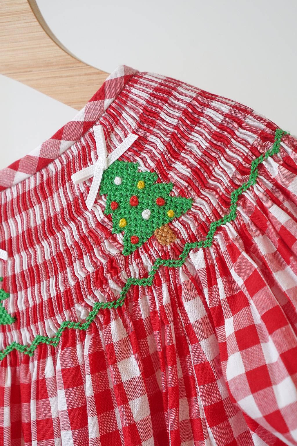 Girls Red Christmas Tree Hand Smocked Gingham Bishop Dress – Holiday Dress 12M–7Y