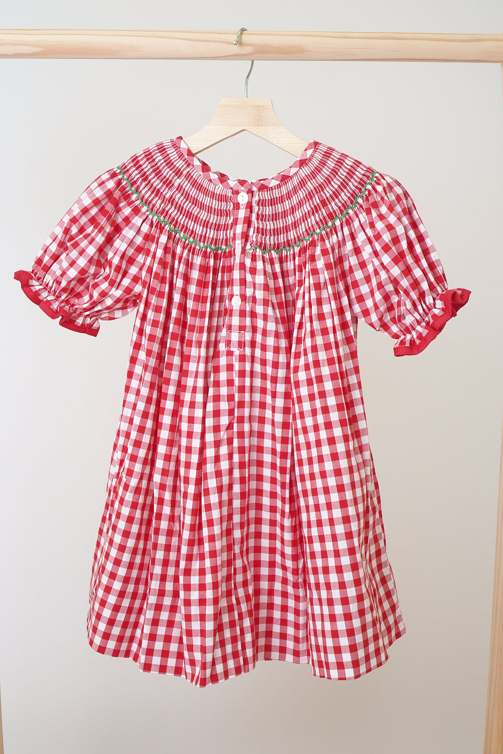 Girls Red Christmas Tree Hand Smocked Gingham Bishop Dress – Holiday Dress 12M–7Y