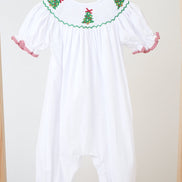 White chrismtas tree hand smocked girl romper