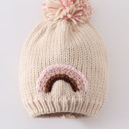 Rainbow hand embroidered pom pom beanie hat