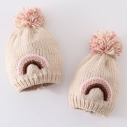 Rainbow hand embroidered pom pom beanie hat