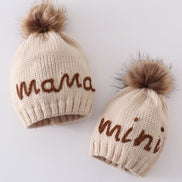 Hand embroidered pom pom beanie hat mommy&me