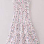 Blue floral bow print smocked mom dress