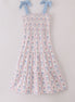 Blue floral bow print smocked mom dress