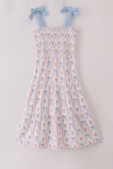 Blue floral bow print smocked mom dress
