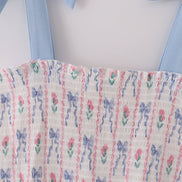 Blue floral bow print smocked mom dress