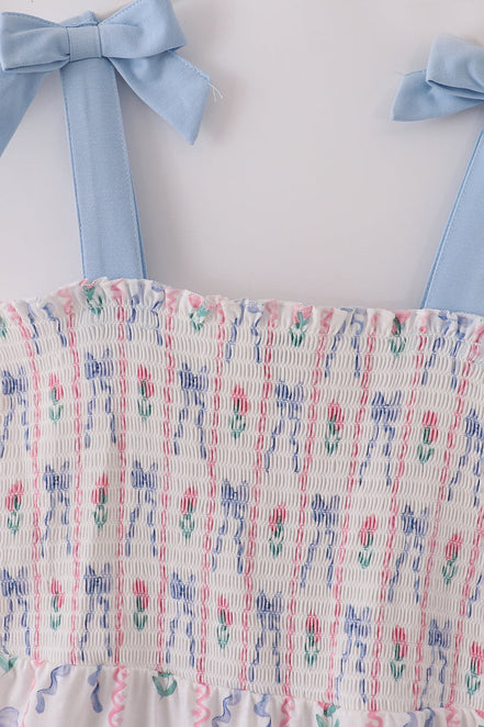 Blue floral bow print smocked mom dress