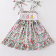 Floral print bunny embroidery smocked girl dress